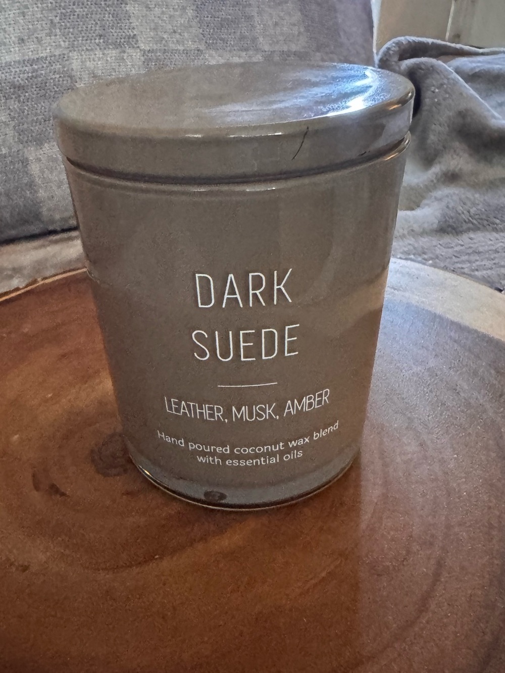 Dark Suede Leather & Amber Scented Candle - Dark Gray